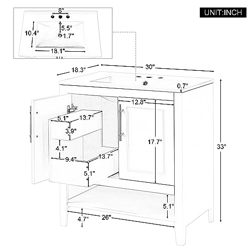 30" Bathroom Vanity with Sink,Bathroom Storage Cabinet with 2 Soft Closing Doors and Drawer,Multi-Functional Bathroom Vanities,Solid Wood Frame,Easy Assmebly(White)