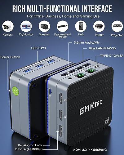 GMKtec Desktop Mini PC Intel N100 Windows 11 Pro 12GB DDR5 256GB SSD Dual LAN, Mini Computer 4K Triple Display, WiFi6, BT5.2, Energy Efficient