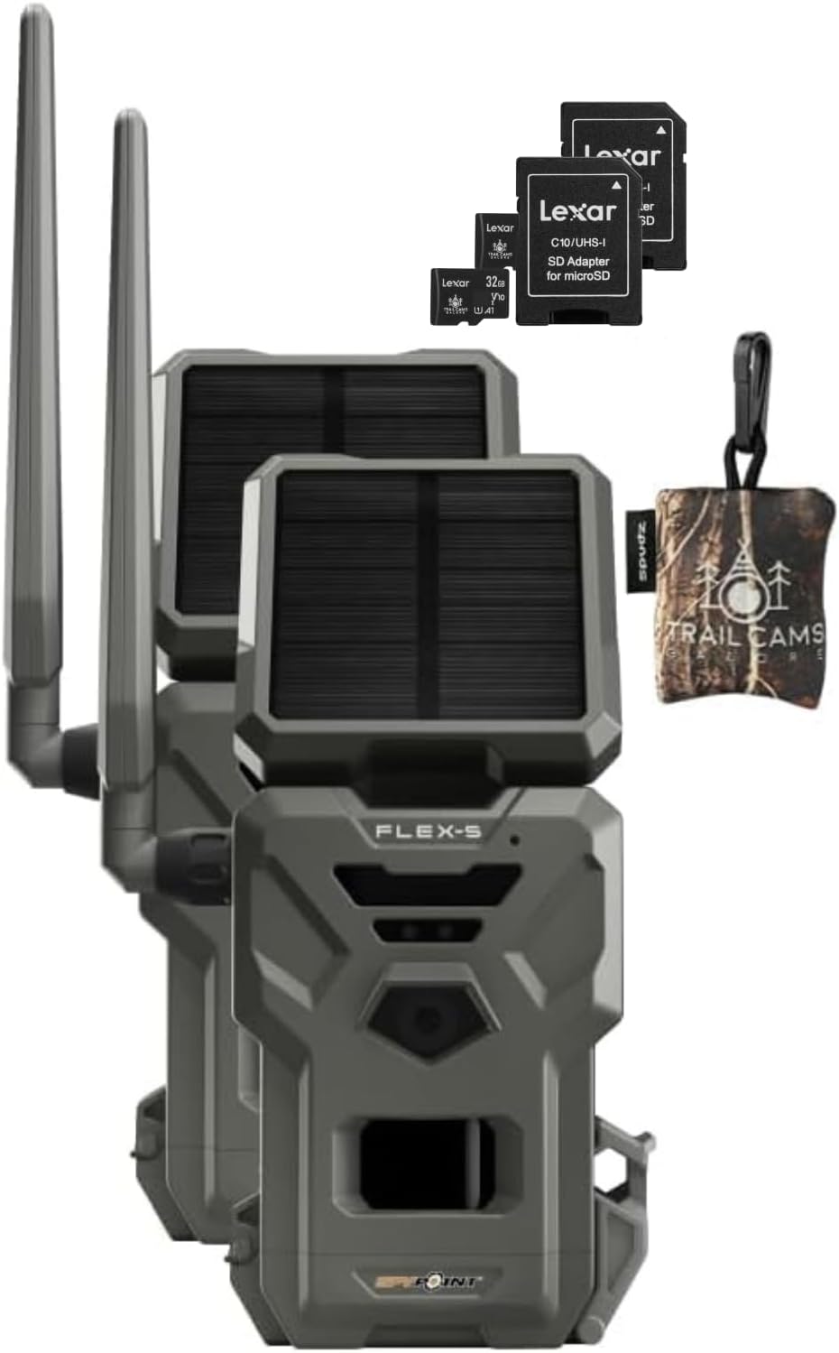 SPYPOINT Flex-S Solar Cellular Trail Camera (2 PK) Integrated Solar Panel, LTE Connectivity, 100-foot Flash/Detection Range, Internal Battery + Two 32GB SD Cards + Spudz