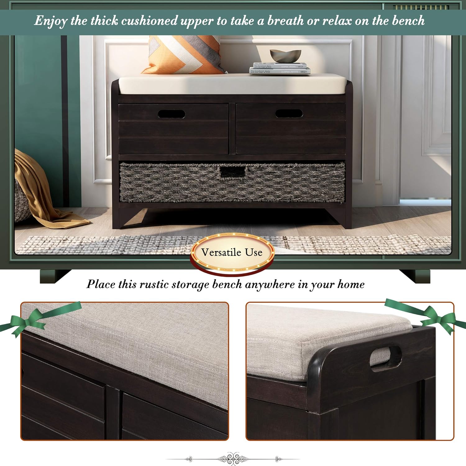 Wood Storage Bench with 1 Basket and 2 Drawers,Fully Assembled Shoe Stool,W/Removable Cushion,for Hallway,Entryway,Bedroom,Living Room,Espresso