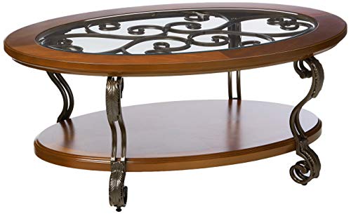 Signature Design by Ashley Nestor Traditional Oval Coffee Table with Beveled Glass Top, Scrollwork Underlay and 1 Fixed Shelf, Dark Brown