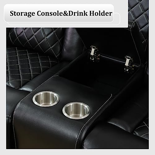 Power Recliner Sectional Sofa with LED Light, Breathing Leather Recliner Sofa Couch with USB Port/Cup Holder/Storage for Living Room (6 Seat Reclining Sectional Couch, Black)