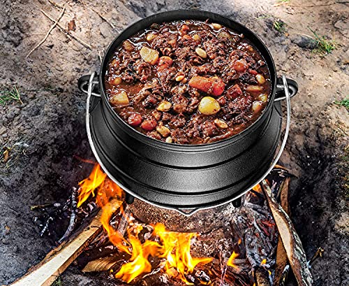 Bruntmor Pre-Seasoned Cast Iron Cauldron | African Potjie Pot with Lid | 3 Legs for Even Heat Distribution - Premium Camping Dutch oven Cookware for over-the-fire Cooking - 10 Quarts (X-Large)
