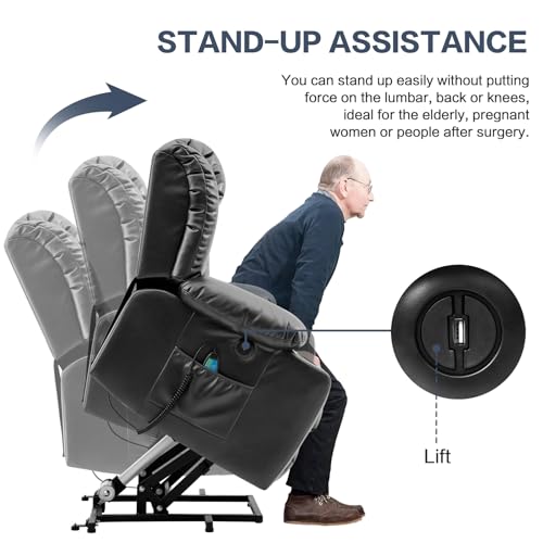 Power Lift Recliner Chair for Elderly, Electric Assist Lift Chairs with Massage & Heat, Cup Holders, Side Pockets, USB Ports, Remote Control, Leather (Ochre)