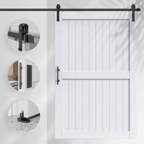 EaseLife 54 x 84 inch White Barn Door with 9FT Sliding Door Hardware Kit Included & Handle,Solid Wood Covered with Waterproof PVC Surface,DIY Assemblely,Easy Install,H-Frame,Fit 50-52in Wide Opening
