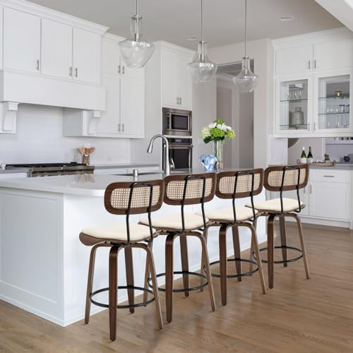 Rattan Bar Stools Set of 2,Counter Height Bar Stools,Swivel Bar Stools with Back,Counter Stools for Kitchen Island,Leather Bar Chairs with Wood Legs,Mid Century Modern Bar Stools,Beige