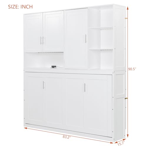 SOFTSEA Twin Murphy Bed with Storage Bookcase and Shelves, Horizontal Wall Bed with LED Light & Charging Stations, Space-Saving for Living Room, Guest Room, Bedroom, Office, Grey