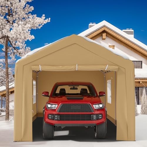 SUNCROWN Outdoor Carport, 10x20 FT Heavy Duty Portable Garage with 4 Roll-up Ventilated Windows, Removable Sidewalls and Doors, Car Canopy with All Weather Tarp for SUV, Boat, Party, Brown