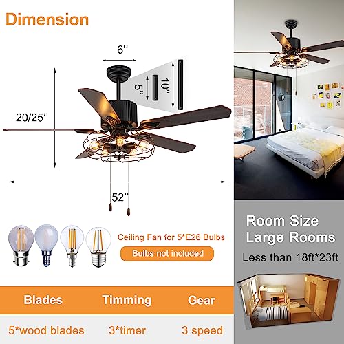 Farmhouse Caged Ceiling Fan with Lights Remote Control, 52" Industrial Black Chandelier Fan Pull Chain, Rustic Vintage Ceiling Fan Light with 5 Reversible Blades for Bedroom, Living Room