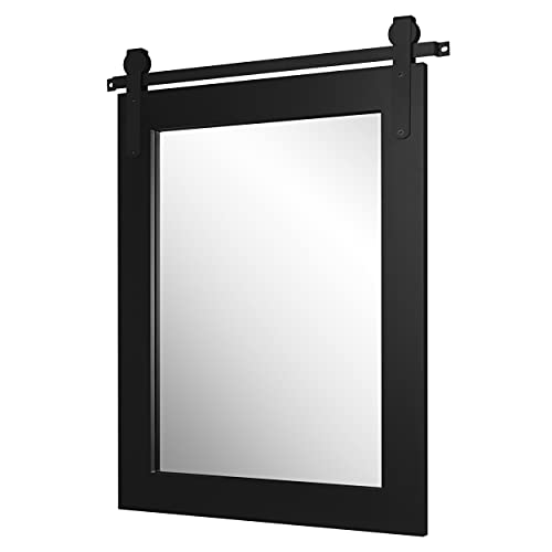 Hans Farmhouse Bathroom Mirror 22"×28" Rustic Wood Frame with Metal Barn Door Track Decorative Wall Mirror for Bathroom Entryway Living Room,Black
