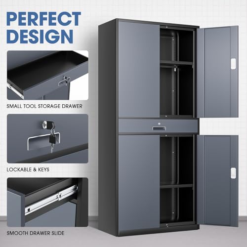 DNA MOTORING 71'' Metal Storage Cabinet, Locking Tool Cabinet with 1 Drawer and Adjustable Shelves, Lockable Heavy Duty Metal Locker for Garage,Office,Home,Gym, Gray, TOOLS-00629-GY-GY-A