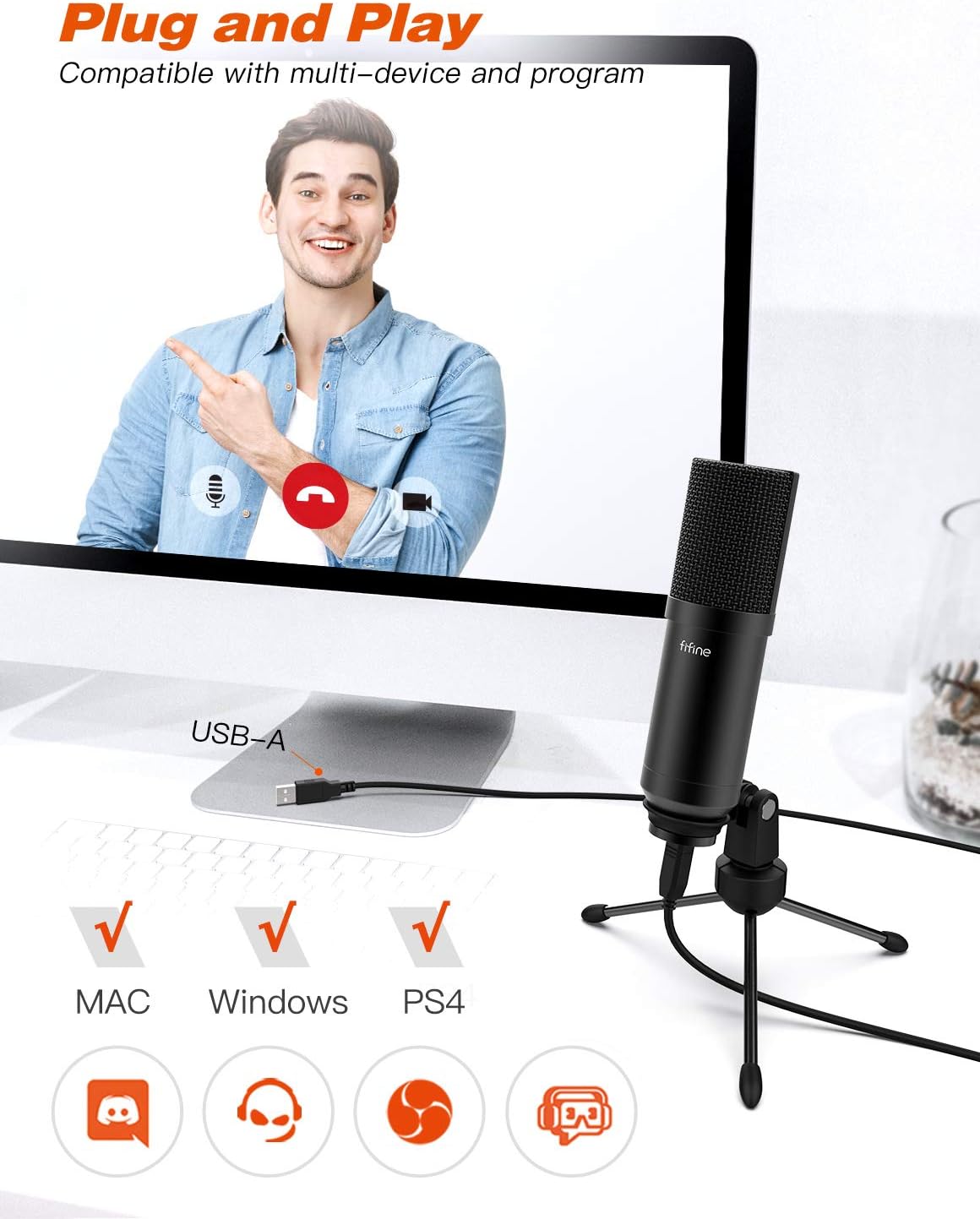 FIFINE USB Gaming Microphone Set with Flexible Boom Arm Stand Pop Filter, Plug and Play with PC Desktop Laptop Computer, Streaming Podcast Mic Kit for Home Studio (T732) Pack of 2