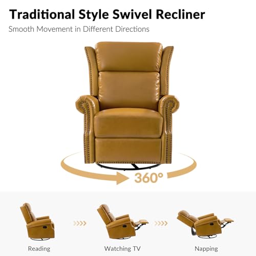 HULALA HOME Genuine Leather Swivel Rocker Recliner, Manual Glider Recliner Chair with Footrest and Lumbar Support, Pushback Recliner with Nailhead Trim and Metal Base(Saddle)
