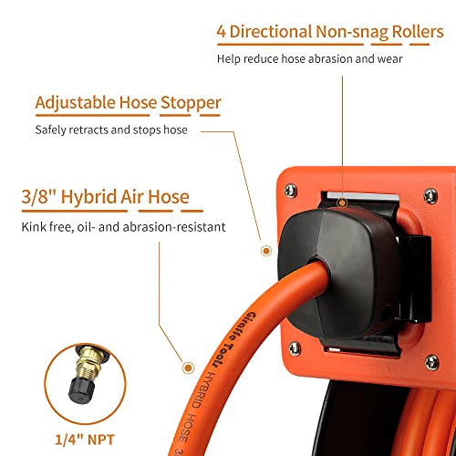Giraffe Tools TA15 Retractable Air Hose Reel Swivel 3/8" x 50 ft Hybrid Hose, Max 300 PSI, Ceiling/Wall Mounted Heavy Duty Industrial Commercial Air Compressor Reel, 50ft, Tangelo
