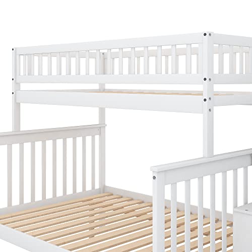 Twin Over Twin Size Bunk Bed with Trundle and Storage Stairs, Solid Wood Stairway Triple Bunk Beds Stairway and Full-Length Guard Rail for Kids Teens Adults Bedroom, Can Be Divided