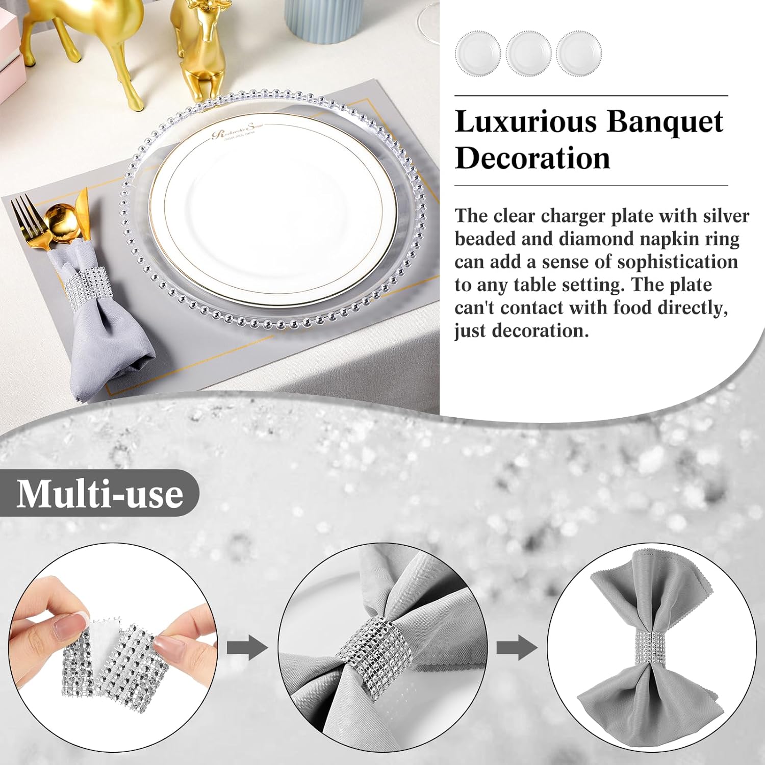 Dandat 50 Pack Clear Charger Plates Set 13 Inch Plastic Round Plates Bulk Silver Beaded Rim Dinner Plates with Napkin Rings, Wedding Party Banquet Events Kitchen Decoration