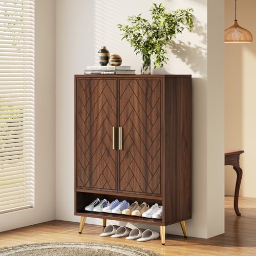 Tribesigns Walnut Shoe Cabinet with Doors, 6-Tier 24 Pairs Shoe Storage Cabinet for Entryway (Brown)