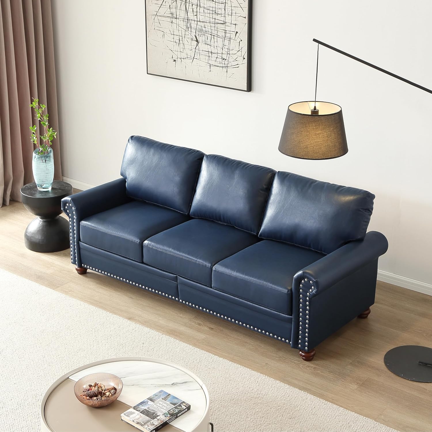 3 Seater Leather Deep Seat Sofa with Storage Box Navy Blue Solid Classic Modern Contemporary Nailheads Removable Cushions