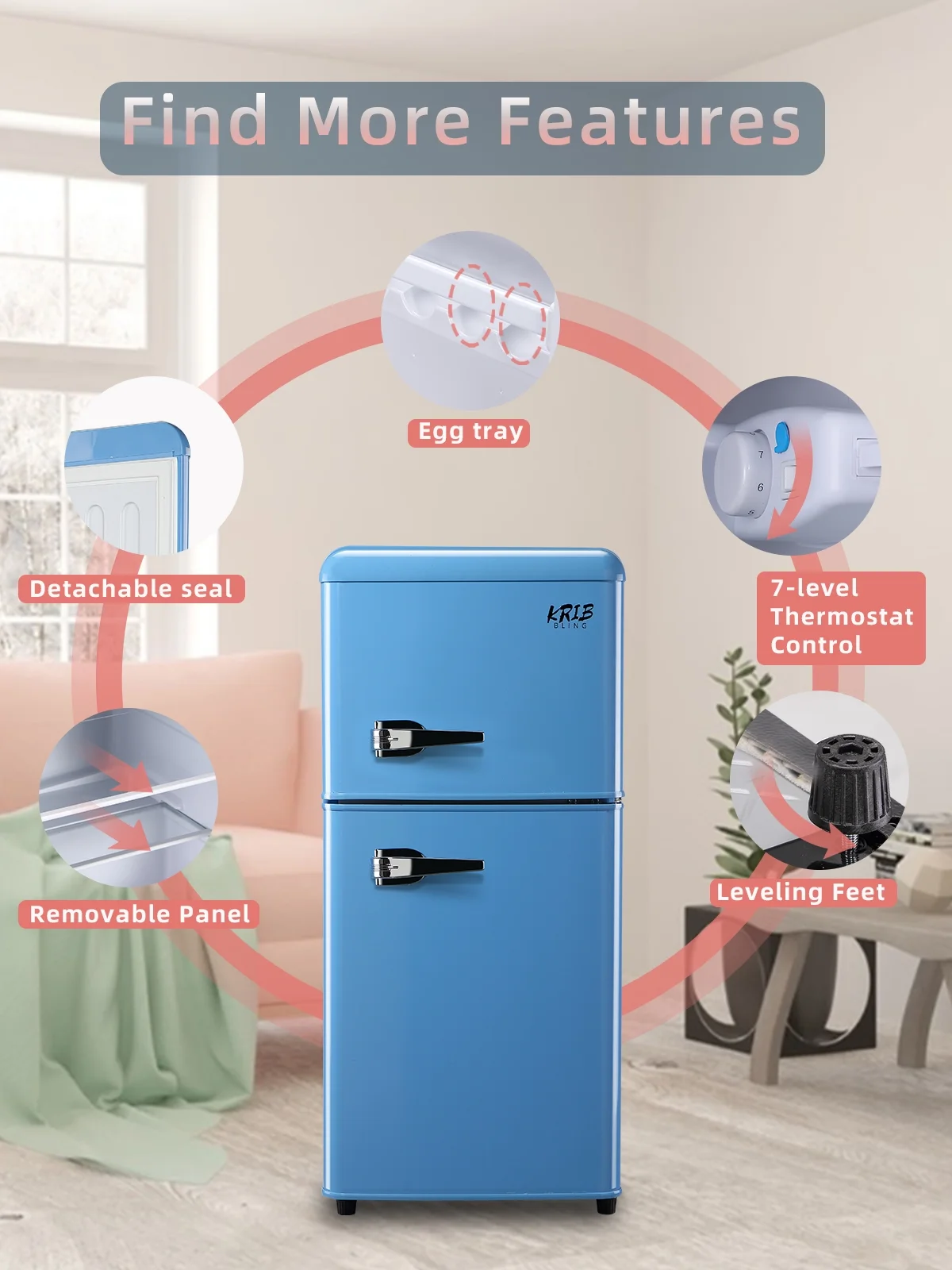 Krib B Compact Refrigerator 3.5 Cu.ft, Mini Fridge with Freezer, Retro Fridge with Dual Door, 7 Grade Temperature Adjustment, Blue