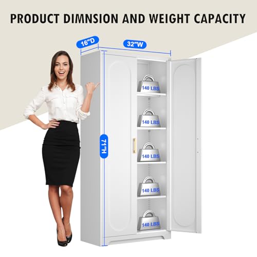 Metal Storage Cabinet with Doors and Shelves, 71 Inch Tall Kitchen Pantry Cabinet, Pantry Cabinets for Kitchen Storage, Freestanding Cupboard for Living, Dining Room, White, Assembly Required