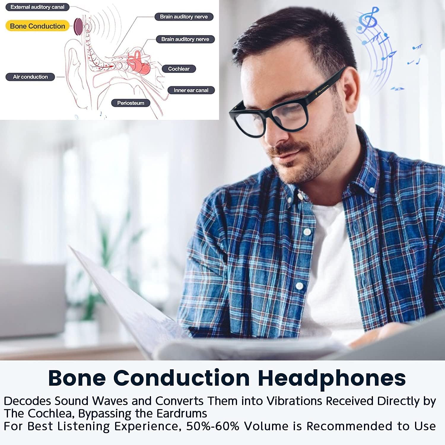 Bone Conduction Glasses, Open-Ear Headphones Bluetooth, Photochromic Sunglasses Anti Blue Ray, IP6 Waterproof Audio Glasses, Hand-Free Calling and Music, Smart Glasses for Women and Men
