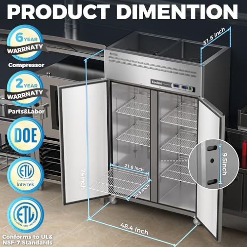 Dual Temp Commercial Refrigerator Upright 72" W, 54 Cu.ft Reach in Commercial Refrigerator and Freezer Combo for Restaurant, Kitchen, Garage, Food Truck, School, Church