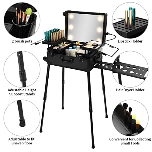 Large Makeup Train Case with Speaker & Code Lock & Full Screen Lighted Mirror & 3 Light Colors Lighted Rolling Cosmetic Organizer, Professional Artist Trolley Studio Free Standing