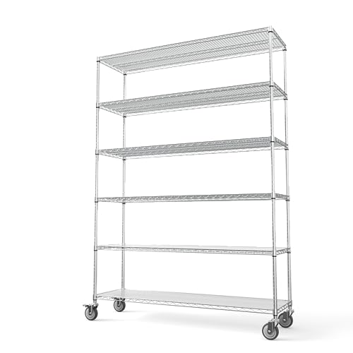 NSF 6 Tier 6000lbs Metal Shelf Wire Shelving Unit, Heavy Duty Adjustable Storage Rack with 5in Wheels and Shelf Liners for Commercial Grade Utility Steel Storage Rack - 18"D x 60"L x 87.5"H - Black