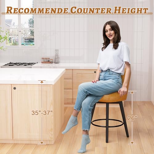 Sunny Heart Swivel Bar Stools with Backs,30" H Counter Stools Set of 2,Counter Height Bar Stools, Upholstered Kitchen Barstools with Solid Wood Legs,Beige