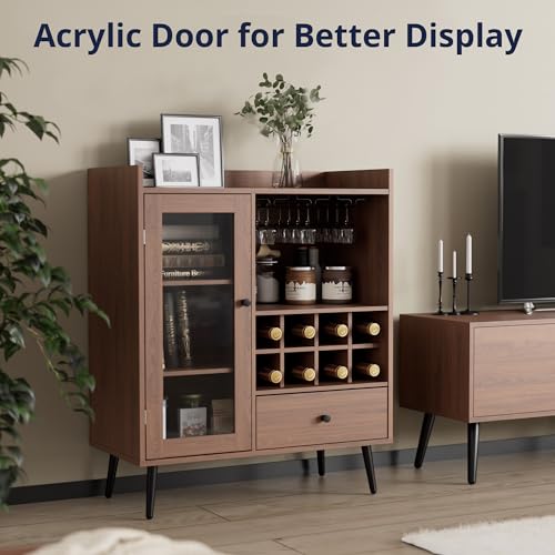 Cozy Castle Coffee Bar Cabinet with Storage, Mid-Century Modern Buffet Sideboard with Acrylic Door, Small Wood Storage Cabinet with Adjustable Shelves, Cupboard for Kitchen, Dining Room, Brown