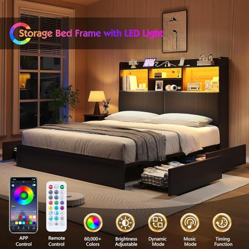 Full Farmhouse Bed Frame with Bookcase Headboard and 4 Drawers, LED Storage Bed with Charging Station & Linen Upholstered, No Box Spring Needed, Black