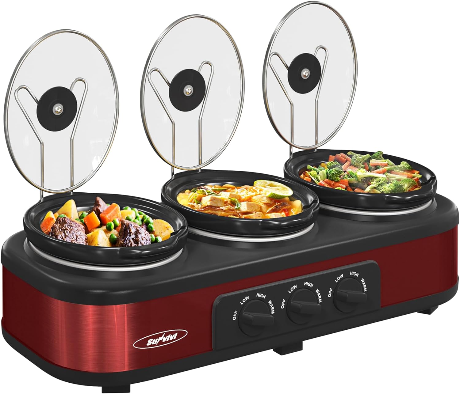 DIQIN Triple Slow Cookers, 3x1.5 Qt Food Warmer Adjustable-Temp Server,Buffet Server for Parties,Mini Crock Dips Pot with Ceramic Pot & Lid Rests,Stainless Copper