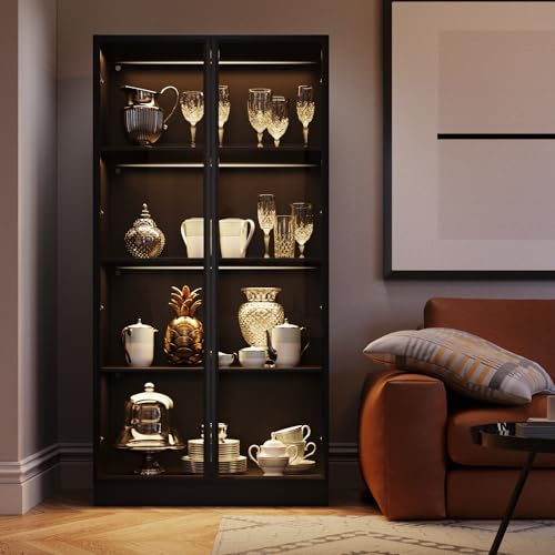 Display Cabinet with Glass Doors & Lights, 3-Tier Storage Cabinet + 2 Drawers Trophy Curio Display, Lighted Bookcase for Home Office, Black…