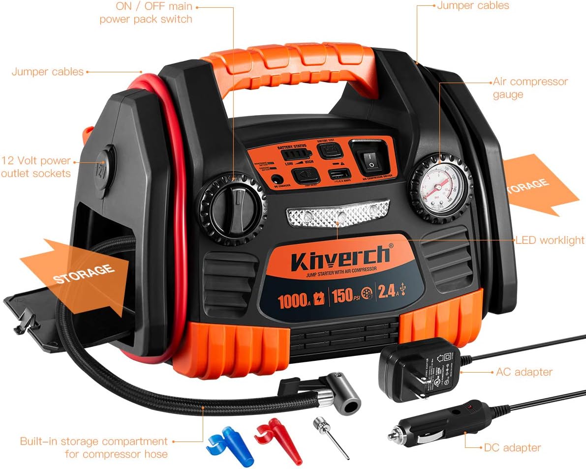 Kinverch Portable Car Jump Starter 1000 Peak Amp 12-Volt with 1-USB 1-12V Power Ports & 150 PSI Air Compressor