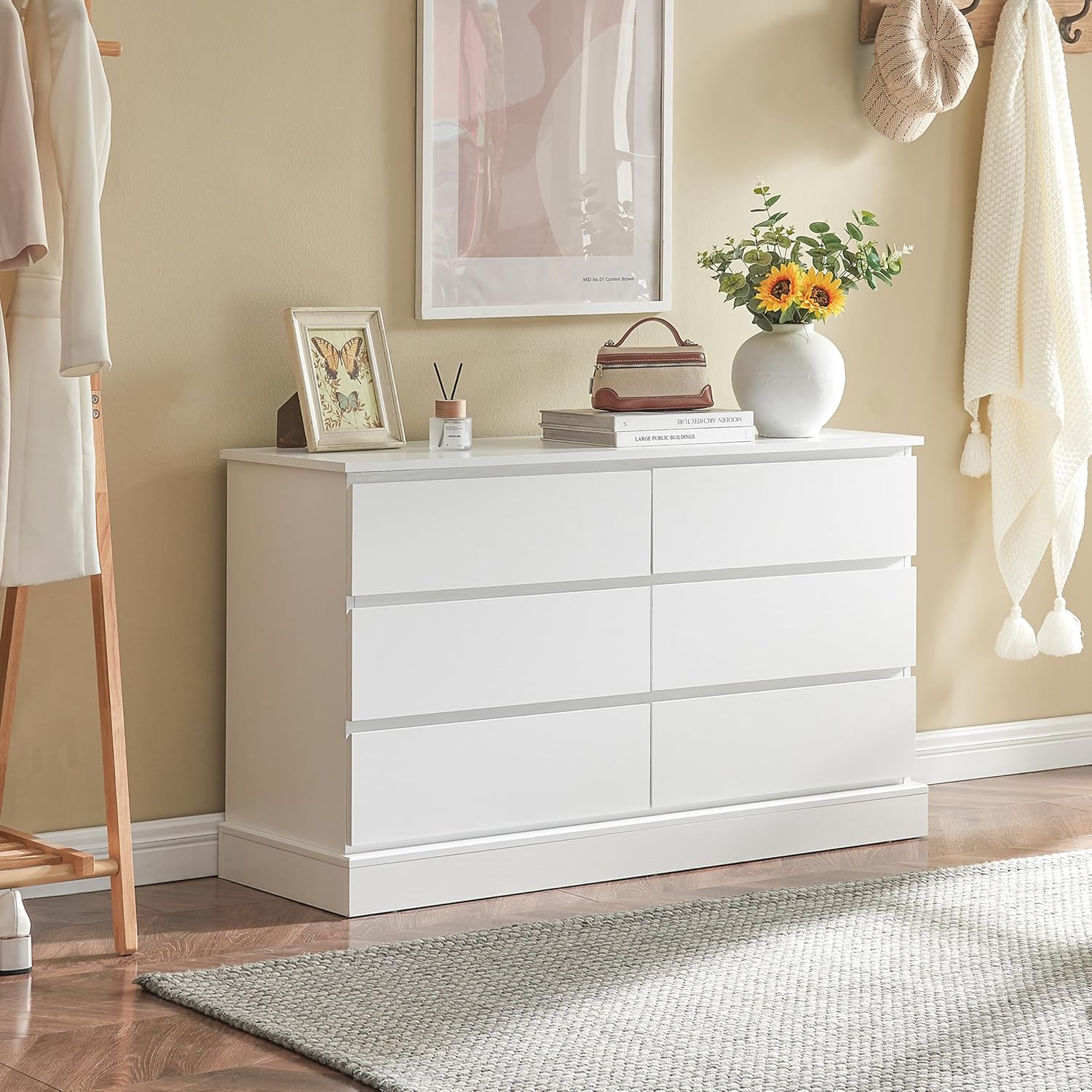 White Dresser with 6 Drawers, Modern Dresser, Nursery Dresser Organizer, Deep Chest of Drawers, Wood Dressers Storage for Bedroom, Living Room, Hallway, Entryway
