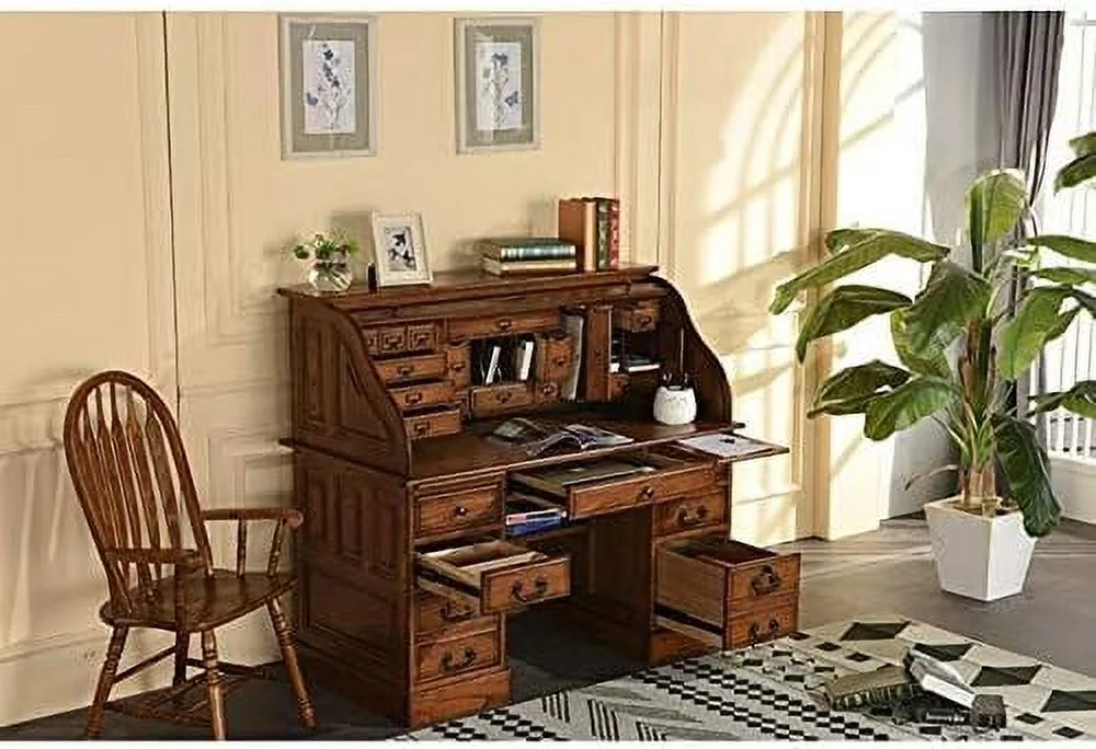 Popular Top Desk Solid Oak Wood - 54 Inch Deluxe Executive Rolltop Desk Burnished Walnut Stain for Home Office Secretary Organizer Roll Hutch Top Easy Assembly Quality Crafted Constructio