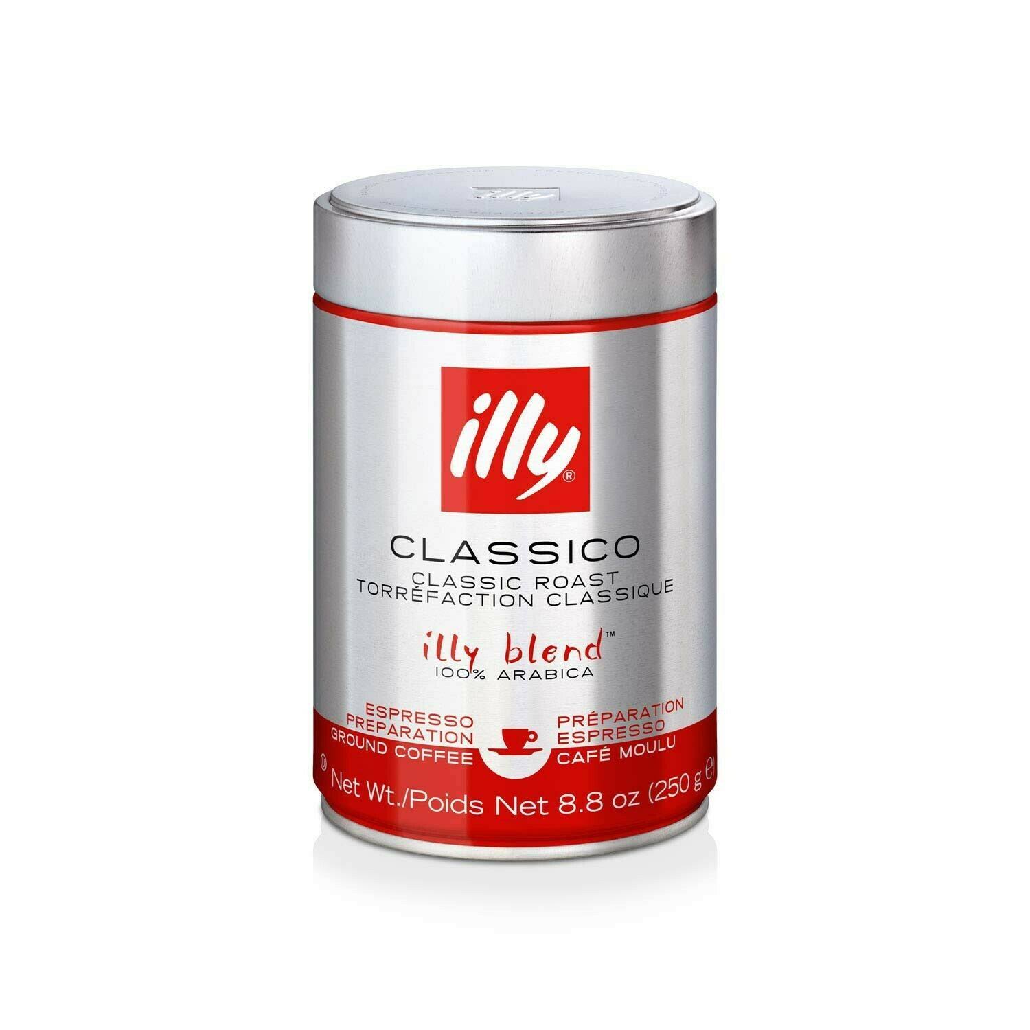 Illy Classico Ground Espresso, Medium Roast, 100 Percent arabica Coffee Blend, 8.8oz Can, 4 Pack