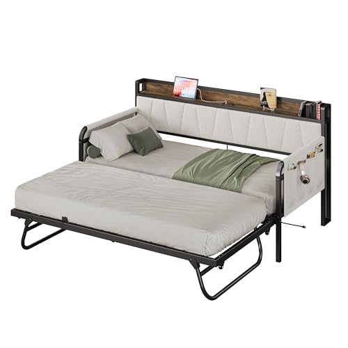 LIKIMIO Daybed with Trundle Bed, Twin Bed Frame with Storage Headboard and Charging Station, Sofa Day Bed with Strong Supports for Living Room, Bedroom, and Guest Room, Grey