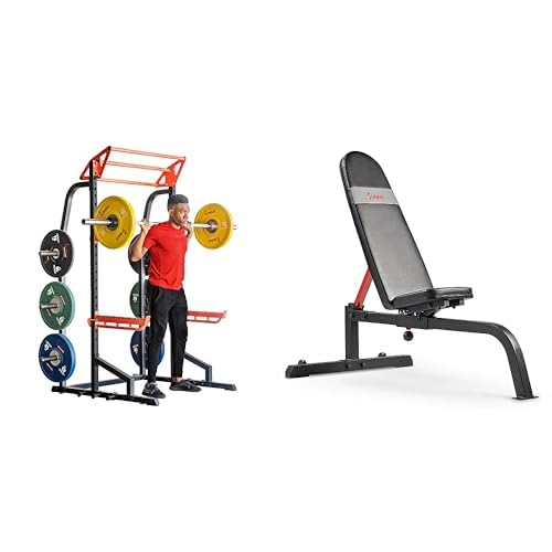Sunny Health & Fitness Power Zone Half Rack Heavy Duty Performance Power Cage with J-Hooks, Adjustable Pull Up Bar Optional Bench with Dumbbell Rack, Premium Incline Bench, LAT Pull Down Attachment