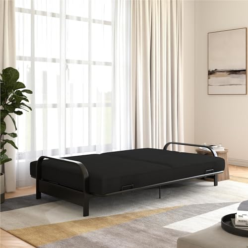 REALROOMS Millie Convertible Metal Frame Futon Sofa with Coil Mattress with Multiple Positions for Seating and Sleeping, Black