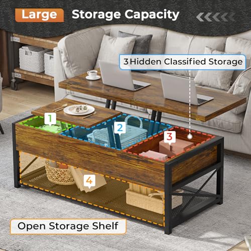 Itaar Lift Top Coffee Table, 4 in 1 Coffee Table with Storage for Living Room, Small Coffee Table with Hidden Compartment and Open Shelves for Dining Room, Black