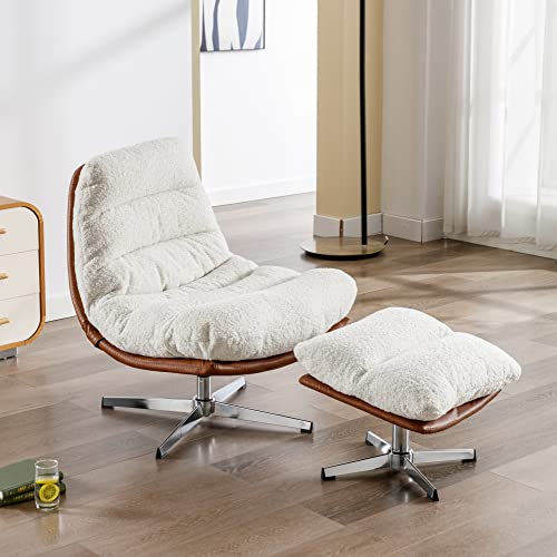Wahson Comfy Accent Swivel Lounge Chair with Ottoman, Linen Upholstered Oversized Club Chair, for Living Room/Bedroom, Ivory