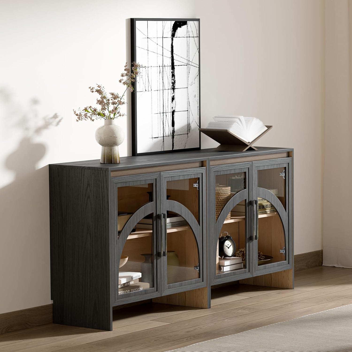 Modern Accent Cabinet,Sideboard Buffet Cabinet with Storage,Arched Cabinet with Glass Door,Credenza Storage Cabinet with Adjustable Shelf for Living Room,Entryway,Dinning Room,Black