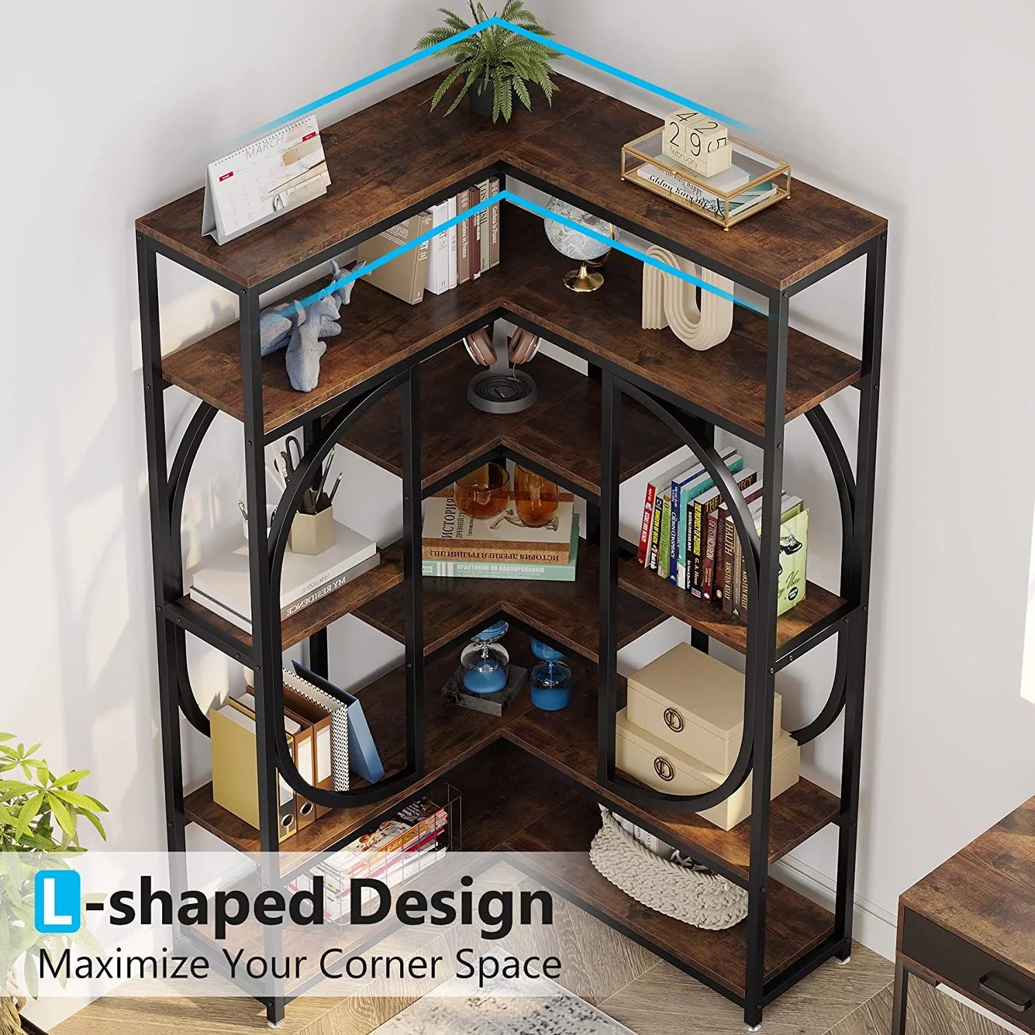 Tribesigns L Shaped Corner Bookshelf, Large 7 Shelf Corner Bookcase Display Rack for Home Office, Rustic Brown & Black