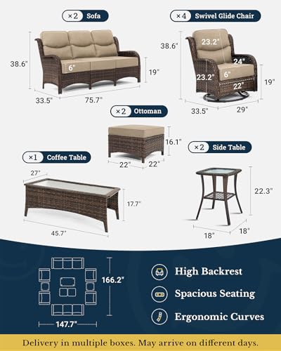 Luxury Patio Furniture Set with 6-inch Thick Cushion, Outdoor Couch and High Back Swivel Rocker Patio Chairs, 7PCS Wicker Conversation Set for Deck, Yard, and Poolside in Blue (V2)