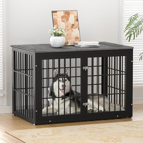 48 Inch Heavy Duty Dog Crate Furniture for Large Dogs, Decorative Pet House End Table, Extra Large Wooden Cage Kennel Furniture Indoor, Natural and White