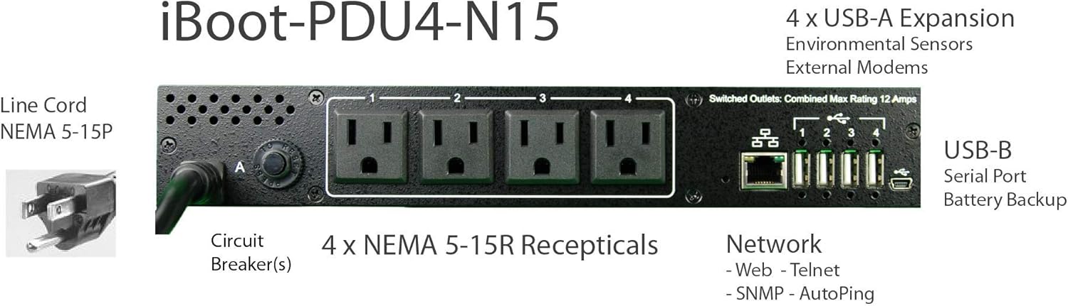 Dataprobe iBoot-PDU4-N15 // 4 Outlet Managed PDU, 115VAC/15A, 1U Rackmount, Sophisticated Automation, Cloud Manageable, Environmental Monitoring, Wide Temperature Range