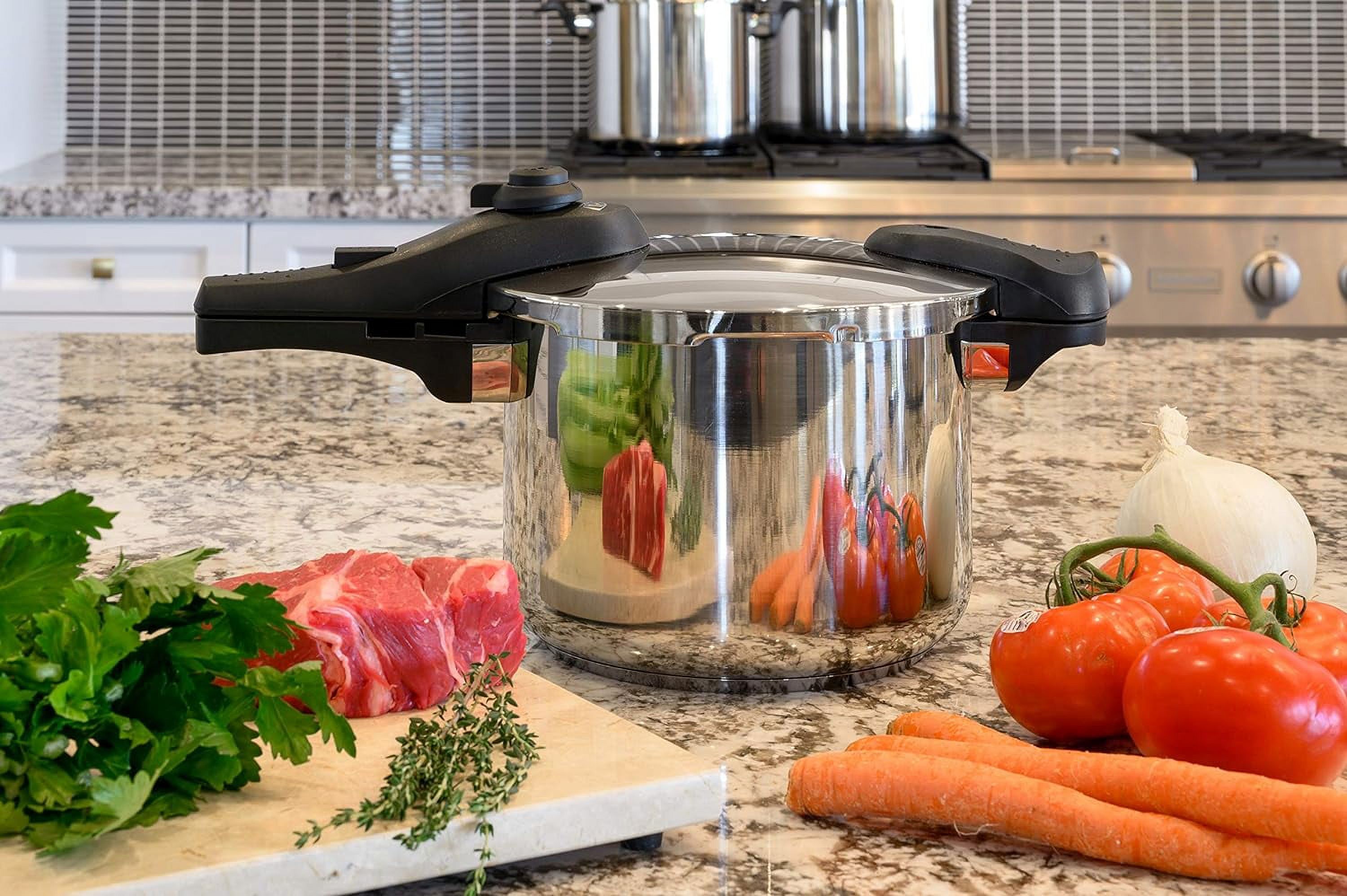 Stainless Steel Pressure Cooker 18/8 Food-Grade Cookware Dishwasher Safe Lock Lid 15-PSI With Recipe Book