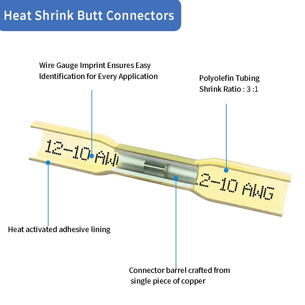 1000 Pcs Blue Heat Shrink Butt Connectors, 16-14 AWG Waterproof Electrical Crimp Wire Splice for Marine, Cable, Wiring