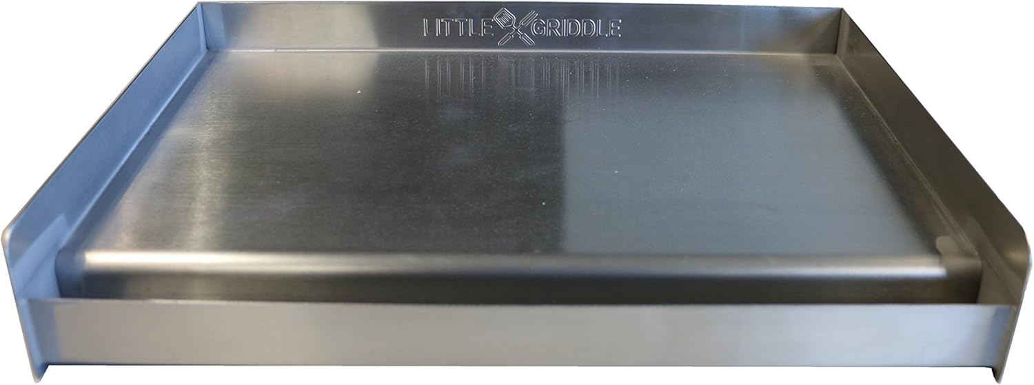 LITTLE GRIDDLE Sizzle-Q SQ180 100% Stainless Steel Universal Griddle with Even Heating Cross Bracing for Charcoal/Gas Grills, Camping, Tailgating, and Parties (18x13x3)